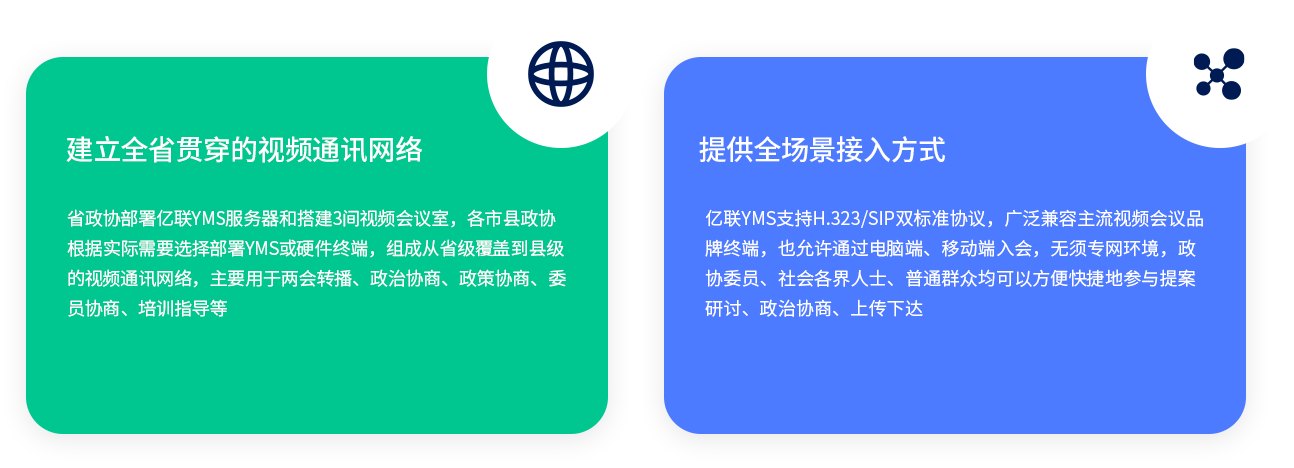 建立全省贯穿的视频通讯网络 省政协部署j9九游会官方入口,j9九游首页登录入口,AG九游会j9官方网站J9YMS服务器和搭建3间视频会议室，各市县政协根据实际需要选择部署YMS或硬件终端，组成从省级覆盖到县级的视频通讯网络，主要用于两会转播、政治协商、政策协商、委员协商、培训指导等。 提供全场景接入方式 j9九游会官方入口,j9九游首页登录入口,AG九游会j9官方网站J9YMS支持H.323/SIP双标准协议，广泛兼容主流视频会议品牌终端，也允许通过电脑端、移动端入会，无须专网环境，政协委员、社会各界人士、普通群众均可以方便快捷地参与提案研讨、政治协商、上传下达。 