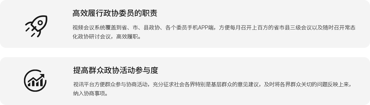 高效履行政协委员的职责 视频会议系统覆盖到省、市、县政协、各个委员手机APP端，方便每月召开上百方的省市县三级会议以及随时召开常态化政协研讨会议，高效履职。 提高群众政协活动参与度 视讯平台方便群众参与协商活动，充分征求社会各界特别是基层群众的意见建议，及时将各界群众关切的问题反映上来，纳入协商事项。