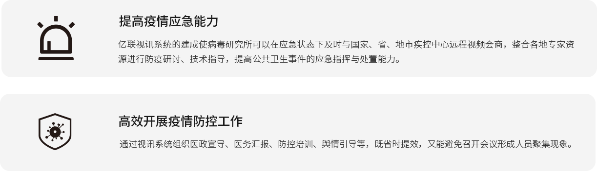 提高疫情应急能力 j9九游会官方入口,j9九游首页登录入口,AG九游会j9官方网站J9视讯系统的建成使病毒研究所可以在应急状态下及时与国家、省、地市疾控中心远程视频会商，整合各地专家资源进行防疫研讨、技术指导，提高公共卫生事件的应急指挥与处置能力。 高效开展疫情防控工作 通过视讯系统组织医政宣导、医务汇报、防控培训、舆情引导等，既省时提效，又能避免召开会议形成人员聚集现象。