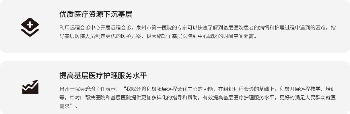 优质医疗资源下沉基层 利用远程会诊中心开展远程会诊，泉州市第一医院的专家可以快速了解到基层医院患者的病情和护理过程中遇到的困难，指导基层医院人员制定更优的医护方案，极大缩短了基层医院到中心城区的时间空间距离。 提高基层医疗护理服务水平 泉州一院吴碧瑜主任表示：“我院还将积极拓展远程会诊中心的功能，在组织远程会诊的基础上，积极开展远程教学、培训等，给对口帮扶医院和基层医院提供更加多样化的指导和帮助，有效提高基层医疗护理服务水平，更好的满足人民群众就医需求”。